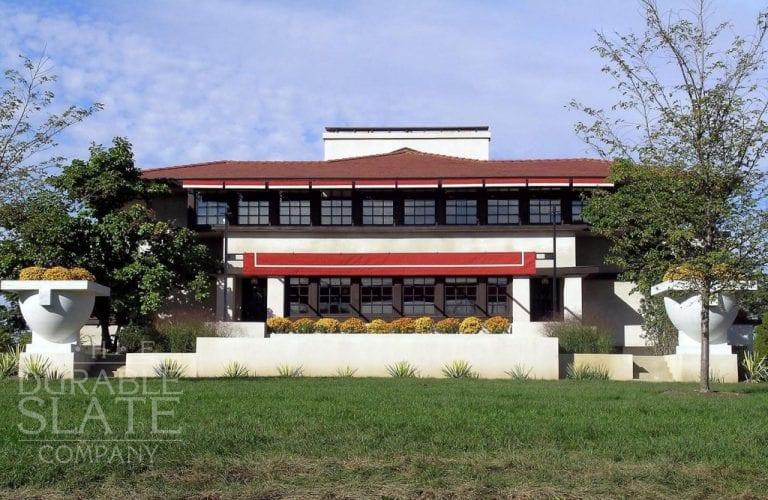 Frank Lloyd Wright’s Westcott House as viewed from the front once restoraiton of the clay tile roof has completed