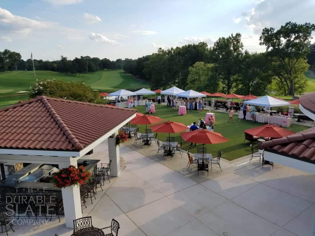 Congressional Country Club, Bethesda, MD, stone bar with red spanish tiles as seen from a distance