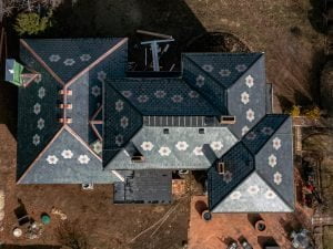 patterned slate roof as viewed from the top