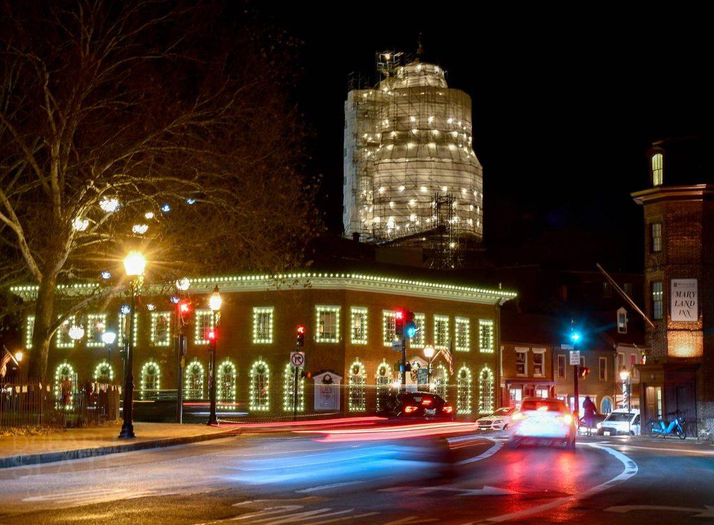 a view of a city street at night